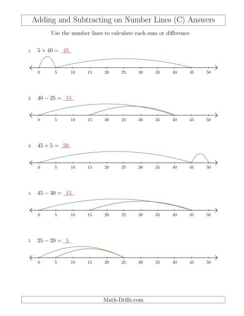 The Adding and Subtracting up to 50 on Number Lines with Intervals of 5 (C) Math Worksheet Page 2