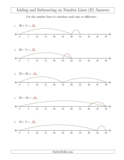 The Adding and Subtracting up to 50 on Number Lines with Intervals of 5 (D) Math Worksheet Page 2