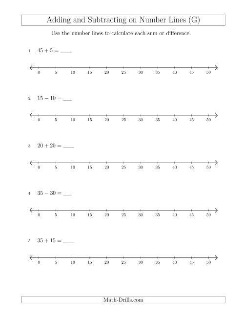 The Adding and Subtracting up to 50 on Number Lines with Intervals of 5 (G) Math Worksheet