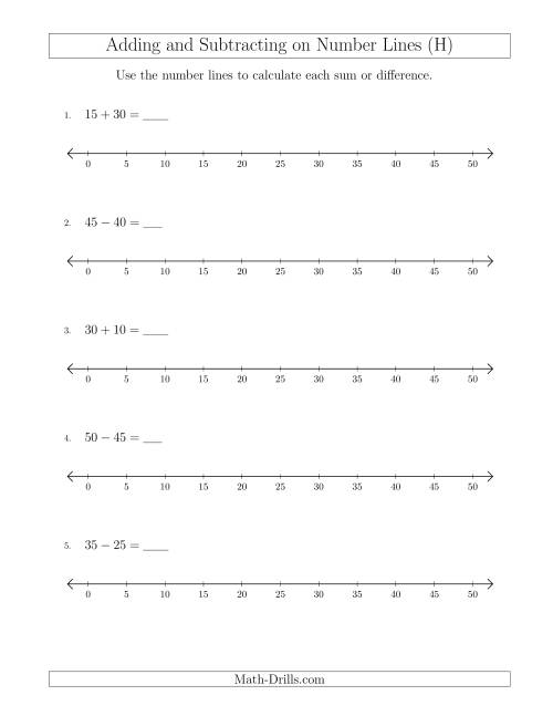 The Adding and Subtracting up to 50 on Number Lines with Intervals of 5 (H) Math Worksheet