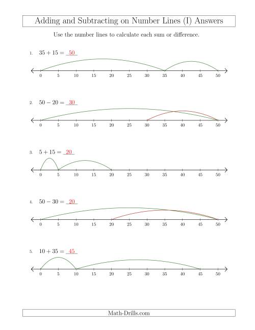The Adding and Subtracting up to 50 on Number Lines with Intervals of 5 (I) Math Worksheet Page 2