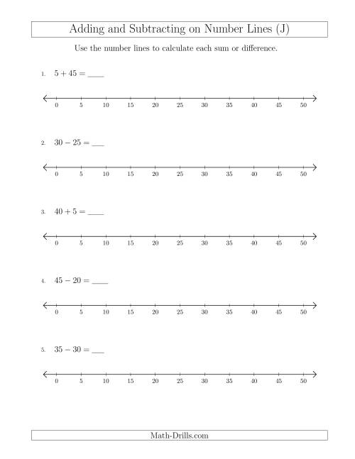 The Adding and Subtracting up to 50 on Number Lines with Intervals of 5 (J) Math Worksheet