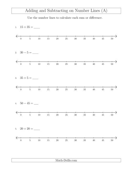 The Adding and Subtracting up to 50 on Number Lines with Intervals of 5 (All) Math Worksheet