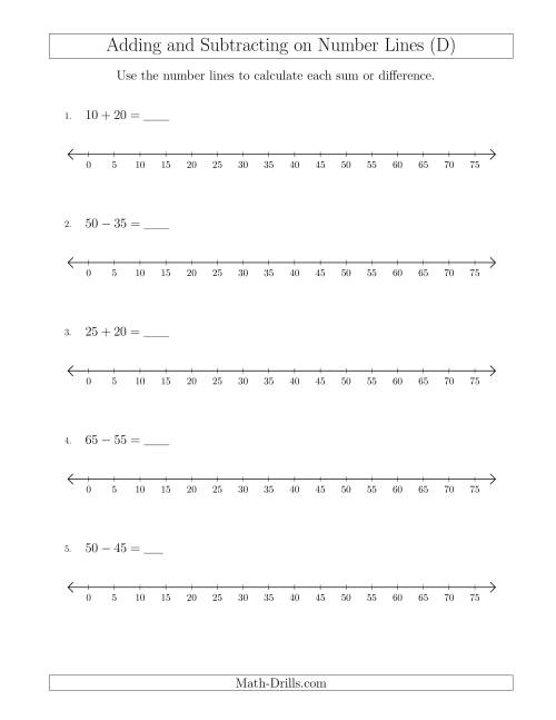 The Adding and Subtracting up to 75 on Number Lines with Intervals of 5 (D) Math Worksheet