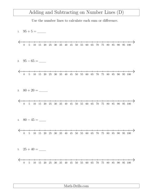 The Adding and Subtracting up to 100 on Number Lines with Intervals of 5 (D) Math Worksheet