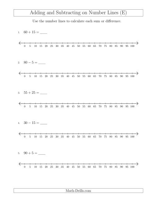 The Adding and Subtracting up to 100 on Number Lines with Intervals of 5 (E) Math Worksheet
