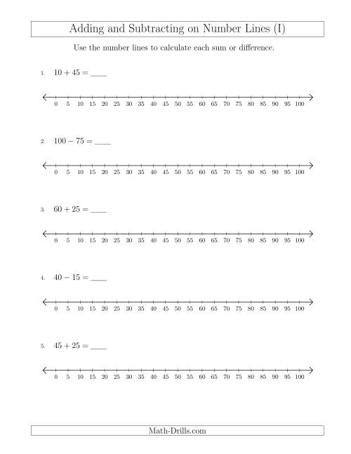 The Adding and Subtracting up to 100 on Number Lines with Intervals of 5 (I) Math Worksheet
