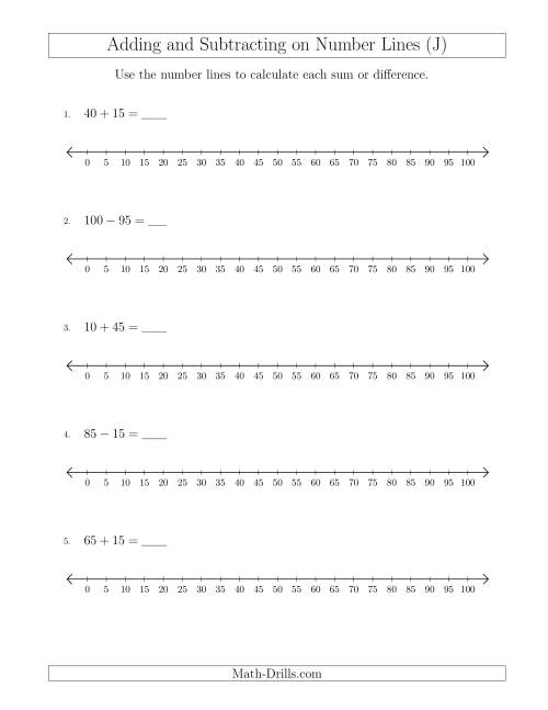 The Adding and Subtracting up to 100 on Number Lines with Intervals of 5 (J) Math Worksheet