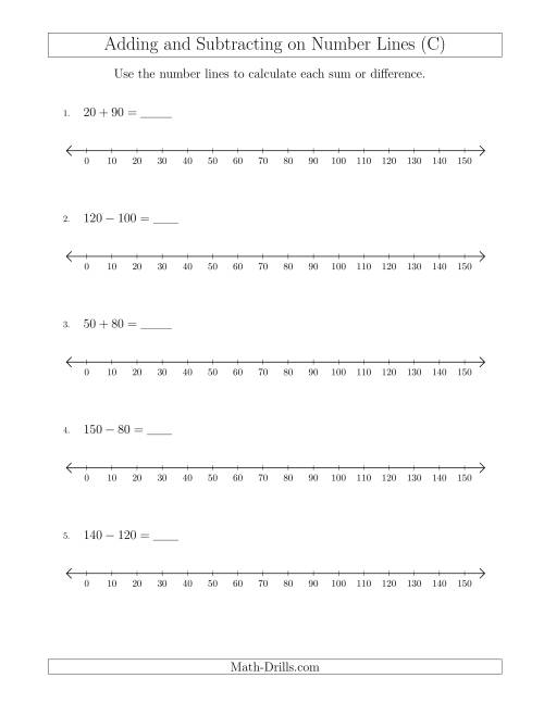 The Adding and Subtracting up to 150 on Number Lines with Intervals of 10 (C) Math Worksheet