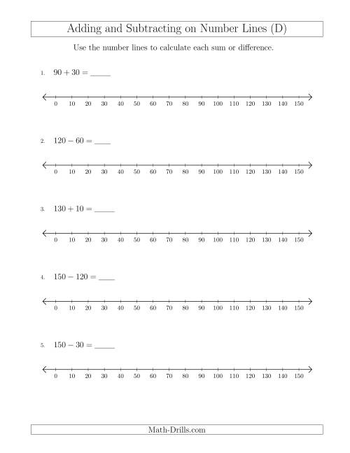 The Adding and Subtracting up to 150 on Number Lines with Intervals of 10 (D) Math Worksheet