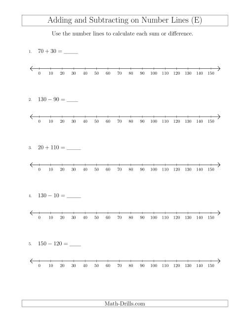 The Adding and Subtracting up to 150 on Number Lines with Intervals of 10 (E) Math Worksheet