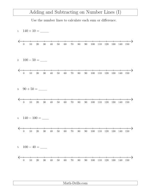 The Adding and Subtracting up to 150 on Number Lines with Intervals of 10 (I) Math Worksheet