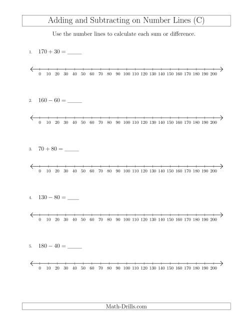 The Adding and Subtracting up to 200 on Number Lines with Intervals of 10 (C) Math Worksheet