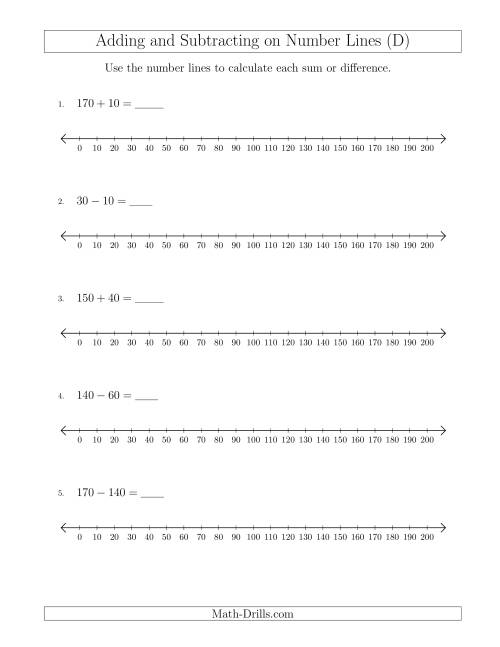 The Adding and Subtracting up to 200 on Number Lines with Intervals of 10 (D) Math Worksheet