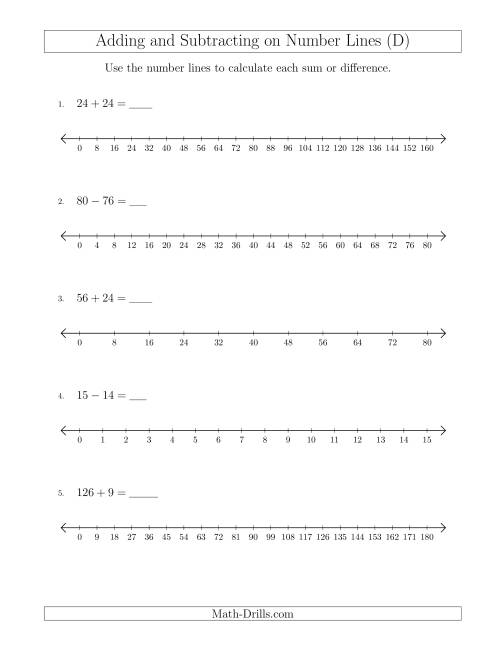 The Adding and Subtracting on Number Lines of Various Sizes with Various Intervals (D) Math Worksheet