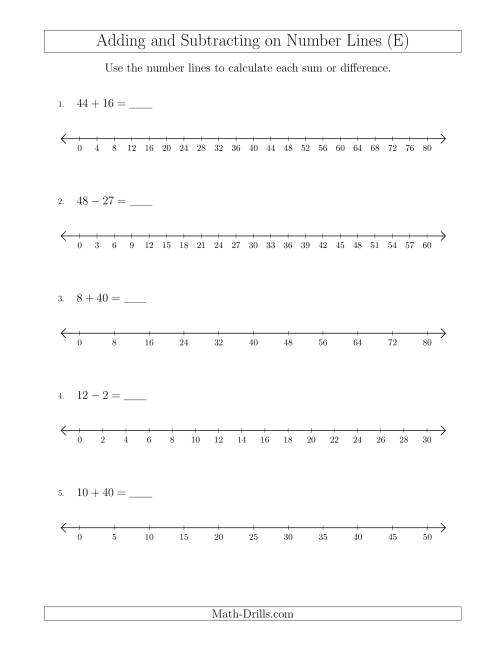 The Adding and Subtracting on Number Lines of Various Sizes with Various Intervals (E) Math Worksheet