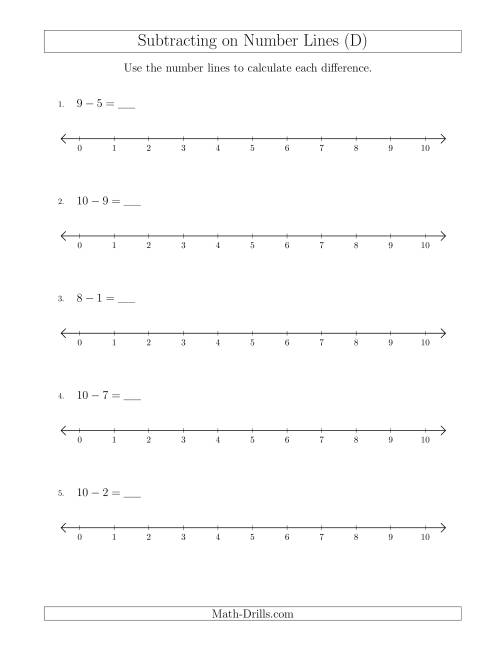 The Subtracting from Minuends up to 10 on Number Lines with Intervals of 1 (D) Math Worksheet