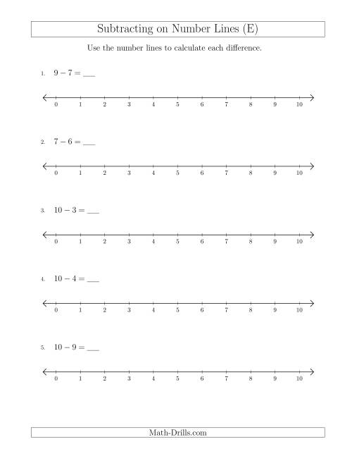 The Subtracting from Minuends up to 10 on Number Lines with Intervals of 1 (E) Math Worksheet