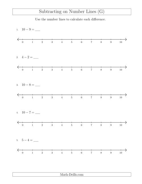 The Subtracting from Minuends up to 10 on Number Lines with Intervals of 1 (G) Math Worksheet