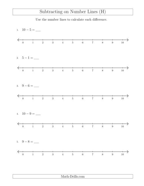 The Subtracting from Minuends up to 10 on Number Lines with Intervals of 1 (H) Math Worksheet