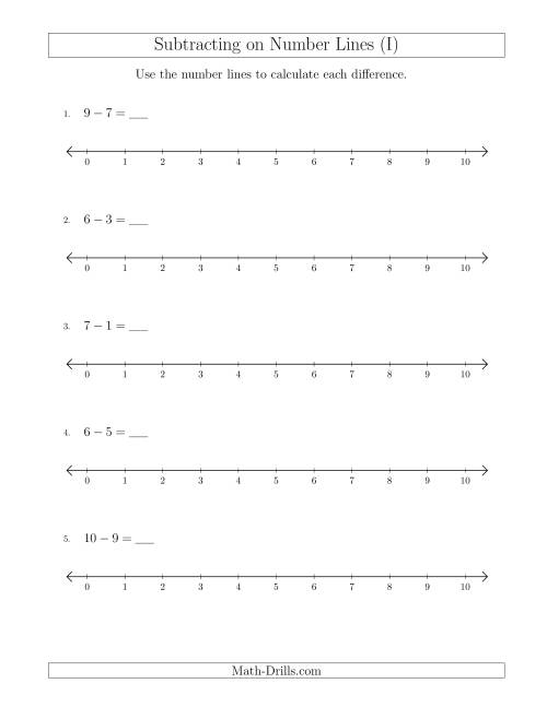 The Subtracting from Minuends up to 10 on Number Lines with Intervals of 1 (I) Math Worksheet