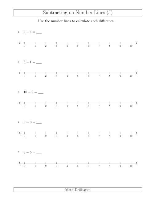 The Subtracting from Minuends up to 10 on Number Lines with Intervals of 1 (J) Math Worksheet