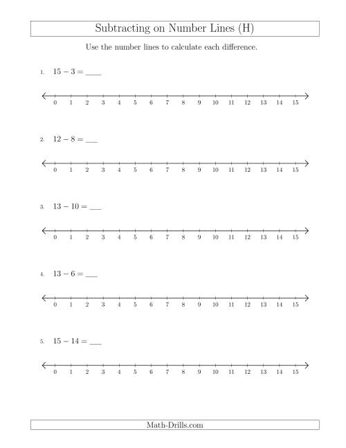 The Subtracting from Minuends up to 15 on Number Lines with Intervals of 1 (H) Math Worksheet