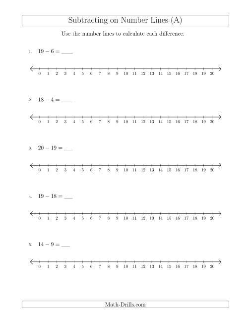 The Subtracting from Minuends up to 20 on Number Lines with Intervals of 1 (A) Math Worksheet