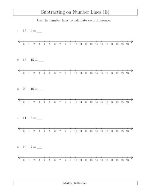 The Subtracting from Minuends up to 20 on Number Lines with Intervals of 1 (E) Math Worksheet