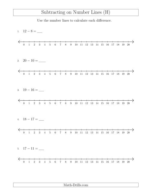 The Subtracting from Minuends up to 20 on Number Lines with Intervals of 1 (H) Math Worksheet