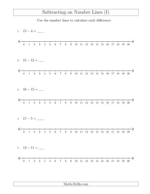 The Subtracting from Minuends up to 20 on Number Lines with Intervals of 1 (I) Math Worksheet