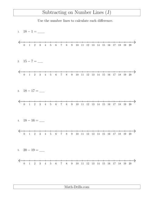 The Subtracting from Minuends up to 20 on Number Lines with Intervals of 1 (J) Math Worksheet