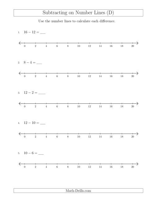 The Subtracting from Minuends up to 20 on Number Lines with Intervals of 2 (D) Math Worksheet