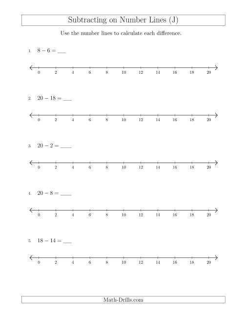 The Subtracting from Minuends up to 20 on Number Lines with Intervals of 2 (J) Math Worksheet