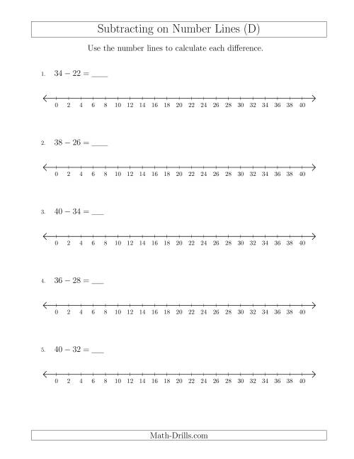 The Subtracting from Minuends up to 40 on Number Lines with Intervals of 2 (D) Math Worksheet