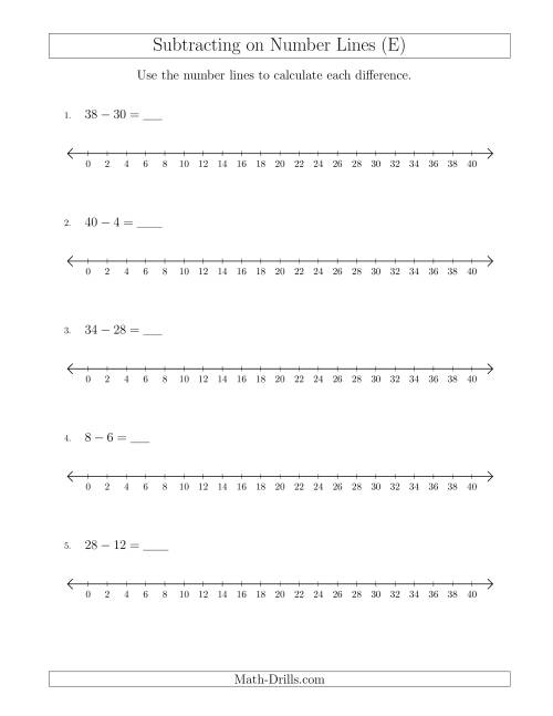 The Subtracting from Minuends up to 40 on Number Lines with Intervals of 2 (E) Math Worksheet