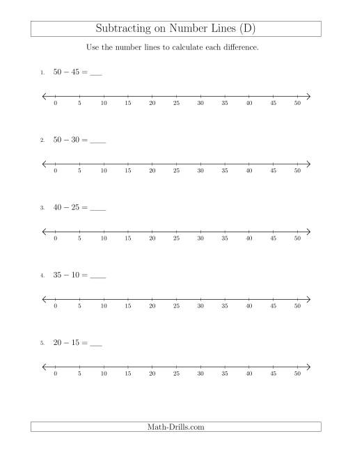 The Subtracting from Minuends up to 50 on Number Lines with Intervals of 5 (D) Math Worksheet