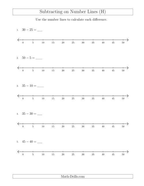 The Subtracting from Minuends up to 50 on Number Lines with Intervals of 5 (H) Math Worksheet