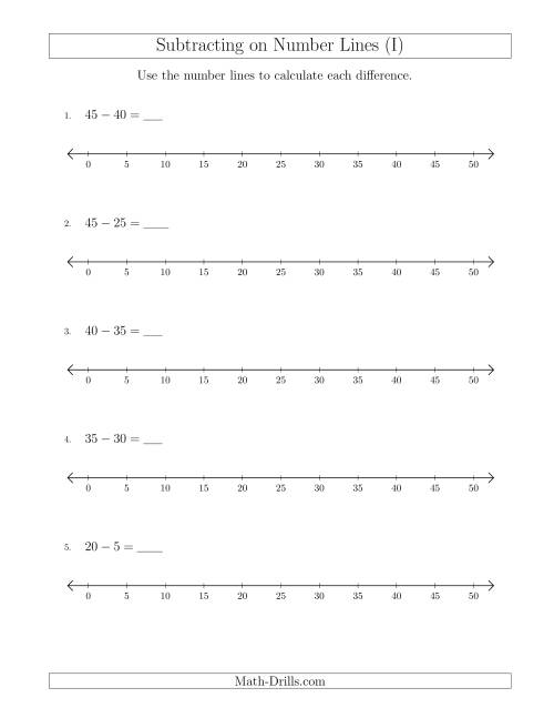 The Subtracting from Minuends up to 50 on Number Lines with Intervals of 5 (I) Math Worksheet