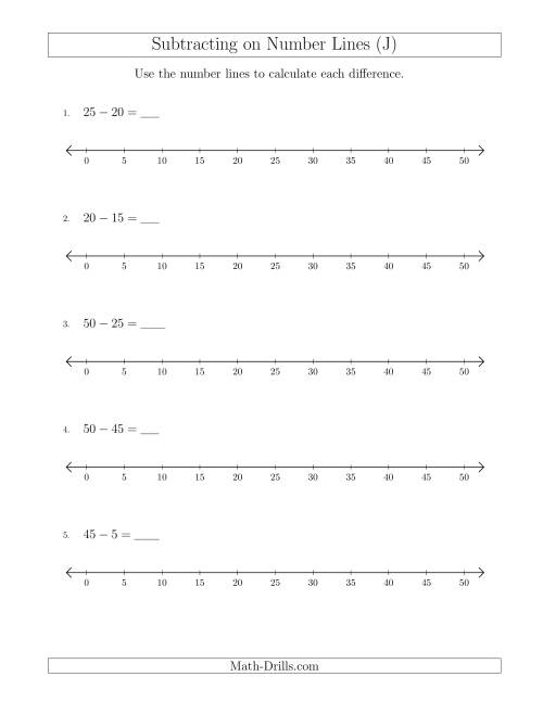 The Subtracting from Minuends up to 50 on Number Lines with Intervals of 5 (J) Math Worksheet