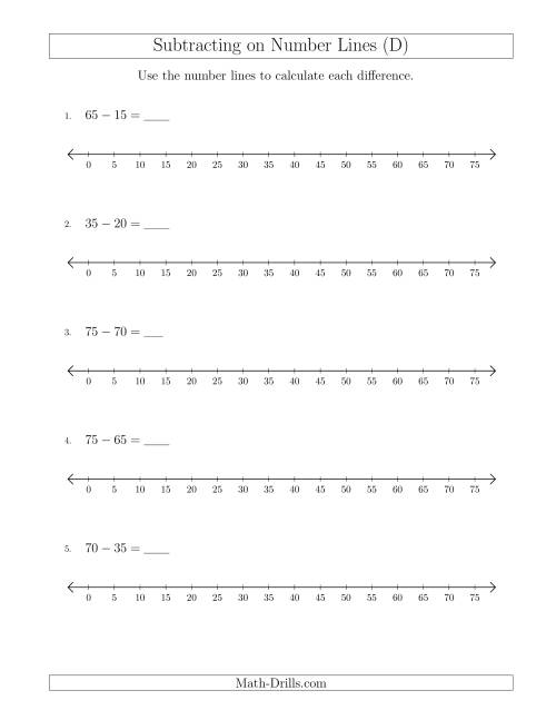 The Subtracting from Minuends up to 75 on Number Lines with Intervals of 5 (D) Math Worksheet