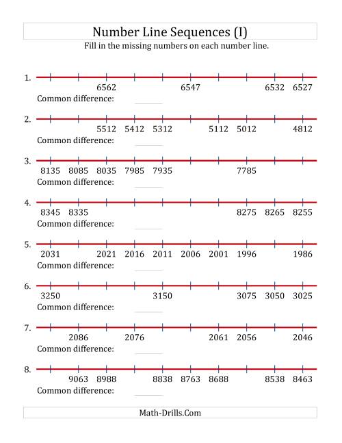 The Decreasing Number Line Sequences with Missing Numbers (Max. 10000) with Custom Common Differences (I) Math Worksheet