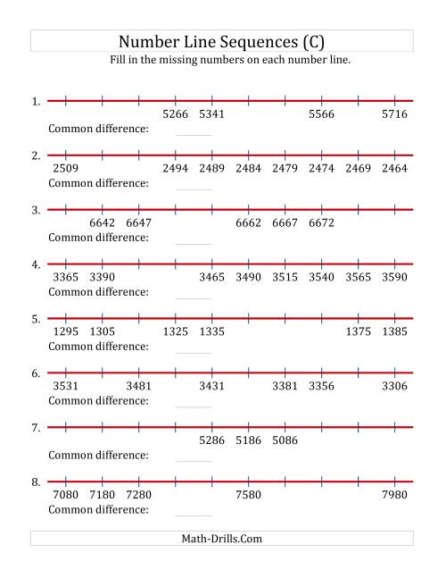 The Increasing and Decreasing Number Line Sequences with Missing Numbers (Max. 10000) with Custom Common Differences (C) Math Worksheet