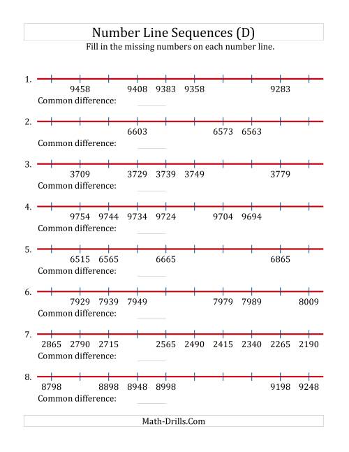 The Increasing and Decreasing Number Line Sequences with Missing Numbers (Max. 10000) with Custom Common Differences (D) Math Worksheet