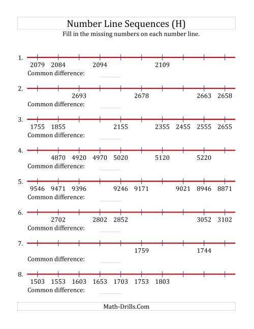 The Increasing and Decreasing Number Line Sequences with Missing Numbers (Max. 10000) with Custom Common Differences (H) Math Worksheet