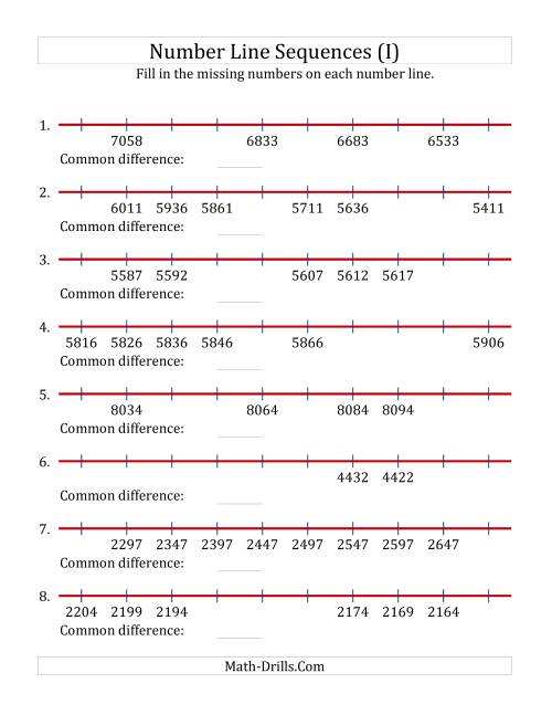 The Increasing and Decreasing Number Line Sequences with Missing Numbers (Max. 10000) with Custom Common Differences (I) Math Worksheet