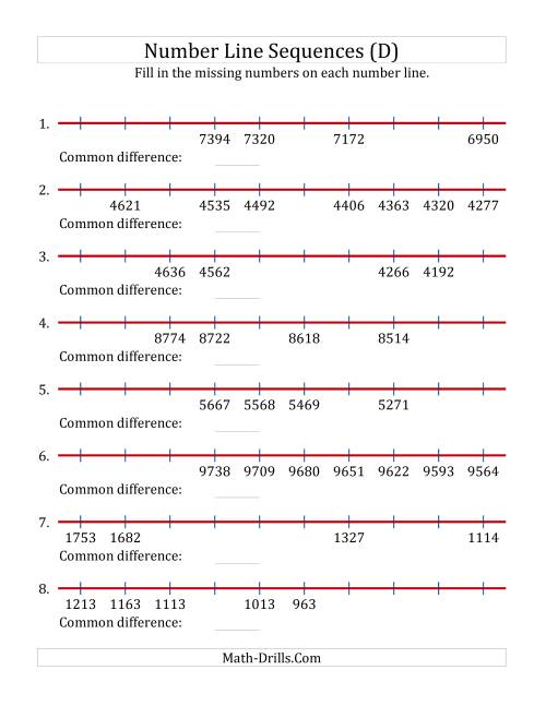 The Decreasing Number Line Sequences with Missing Numbers (Max. 10000) (D) Math Worksheet