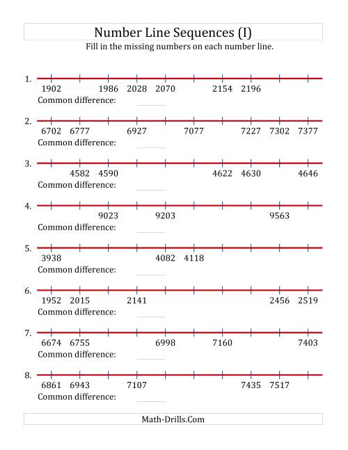 The Increasing Number Line Sequences with Missing Numbers (Max. 10000) (I) Math Worksheet