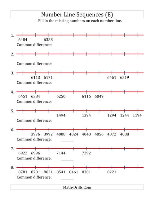 The Increasing and Decreasing Number Line Sequences with Missing Numbers (Max. 10000) (E) Math Worksheet
