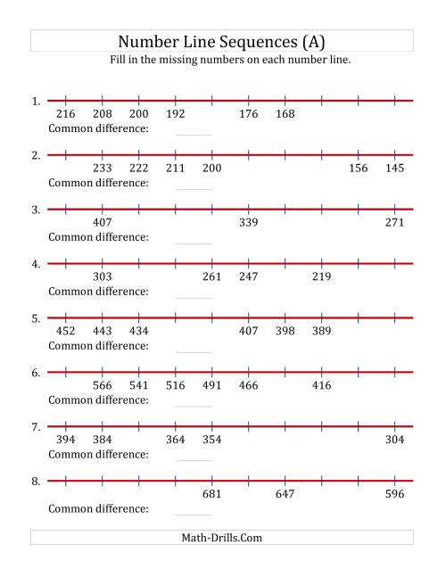 The Decreasing Number Line Sequences with Missing Numbers (Max. 1000) (A) Math Worksheet